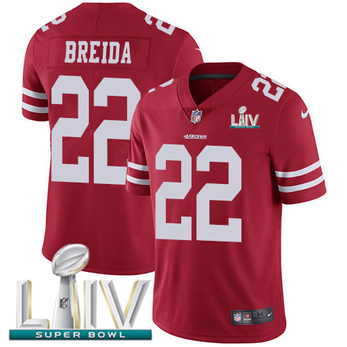 San Francisco 49ers Nike #22 Matt Breida Red Super Bowl LIV 2020 Team Color Youth Stitched NFL Vapor Untouchable Limited Jersey